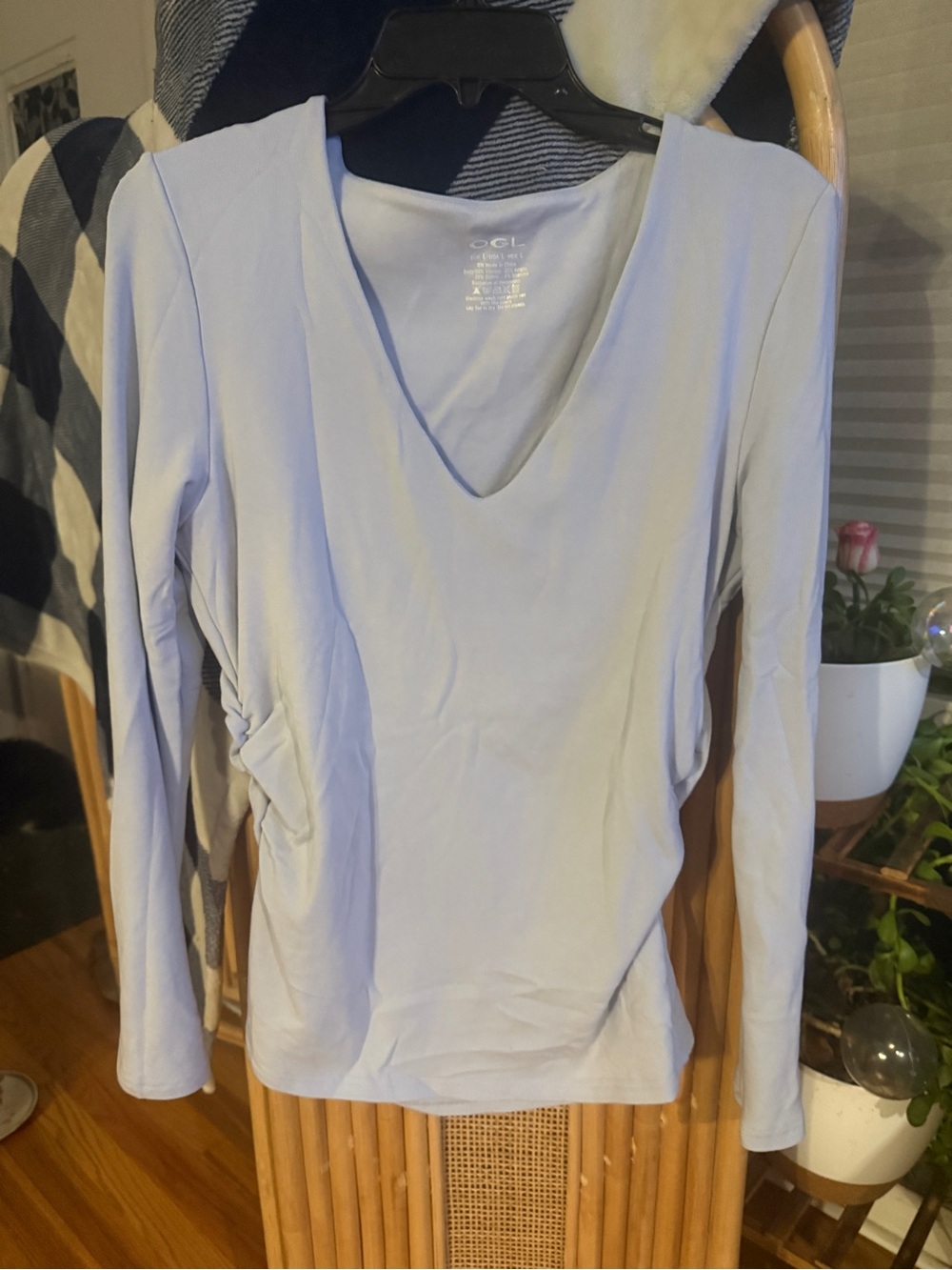 OGL Light Blue V-Neck Long Sleeve Ruched Side Top